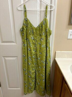 Abercrombie & Fitch Button Through Slim Midi Dress Green Floral Cottagecore XL